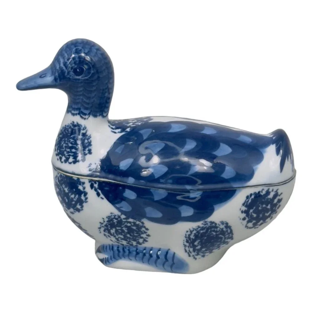 Ceramic Hand Painted Vintage 1960's Duck Shaped Trinket Box Blue & White - Picture 1 of 11
